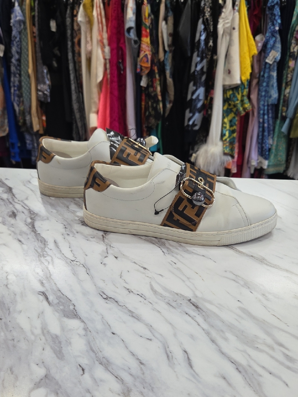 Fendi White Leather Slip-On Sneakers with Brown FF Logo Strap